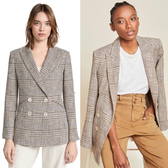 Veronica Beard Parineti Brown Houndstooth Plaid Dickey Jacket Blazer in Khaki - Picture 1 of 15